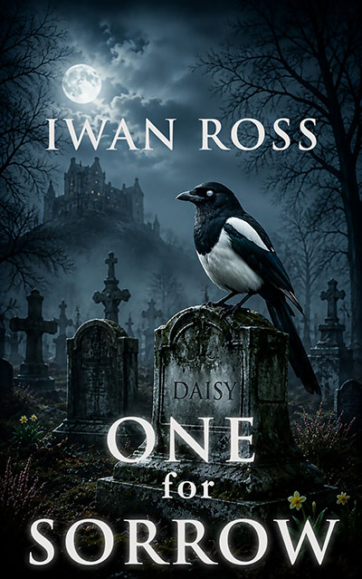 Cover of One for Sorrow by Iwan Ross, showing a magpie on a headstone at Serpent's Manor